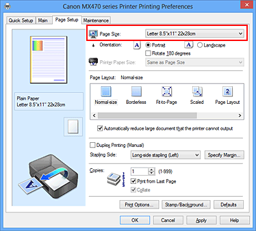 *まる* オーダーページ Canon : PIXMA Manuals : MX470 series : Setting a Page Size and